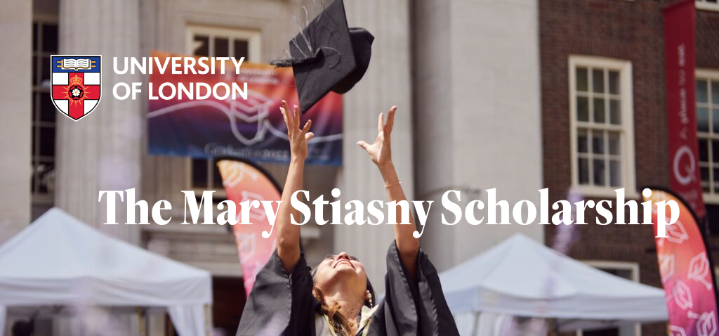 A graduate throws their graduate cap into the air, arms outstretched. The overlaid text reads "The Mary Stiasny Scholarship". The image is overlaid with the University of London logo in the top left corner.